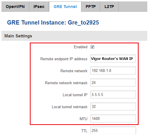 a screenshot of GRE Tunnel Setup on RUT950